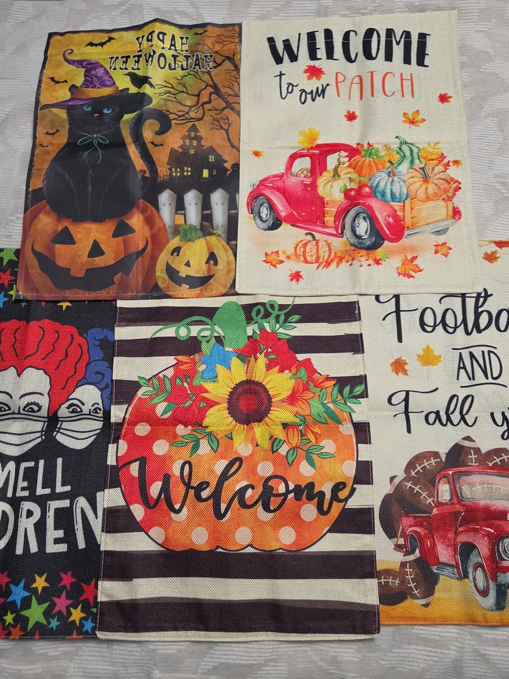 Lot 5 Halloween Fall Seasonal Pumpkin Football Festive Yard Garden Flags Banners